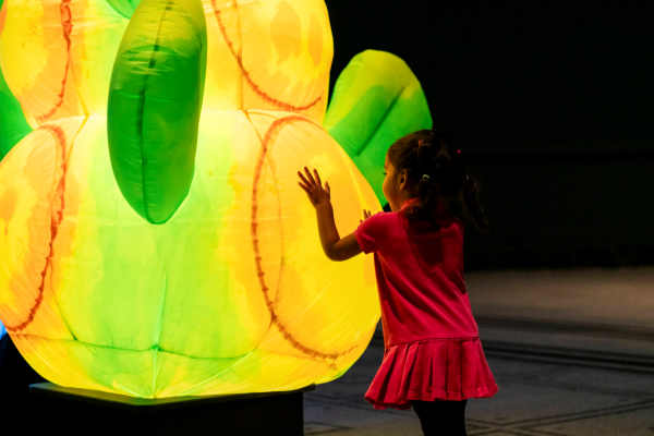 Young girl looking at a lit up inflatable flower
