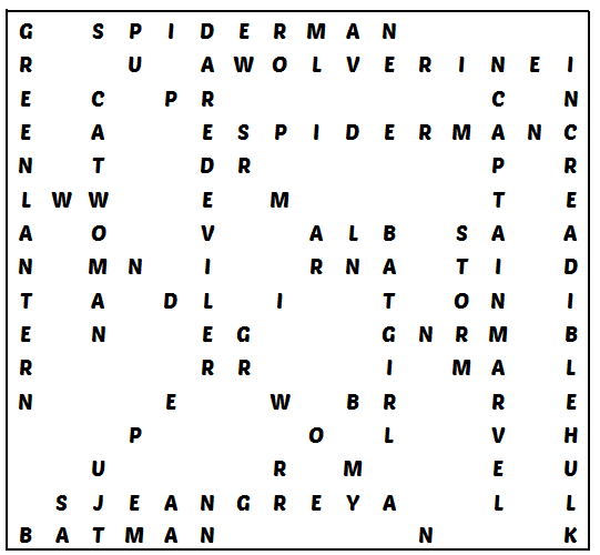 Solution to the Superheroes Wordsearch on eParenting